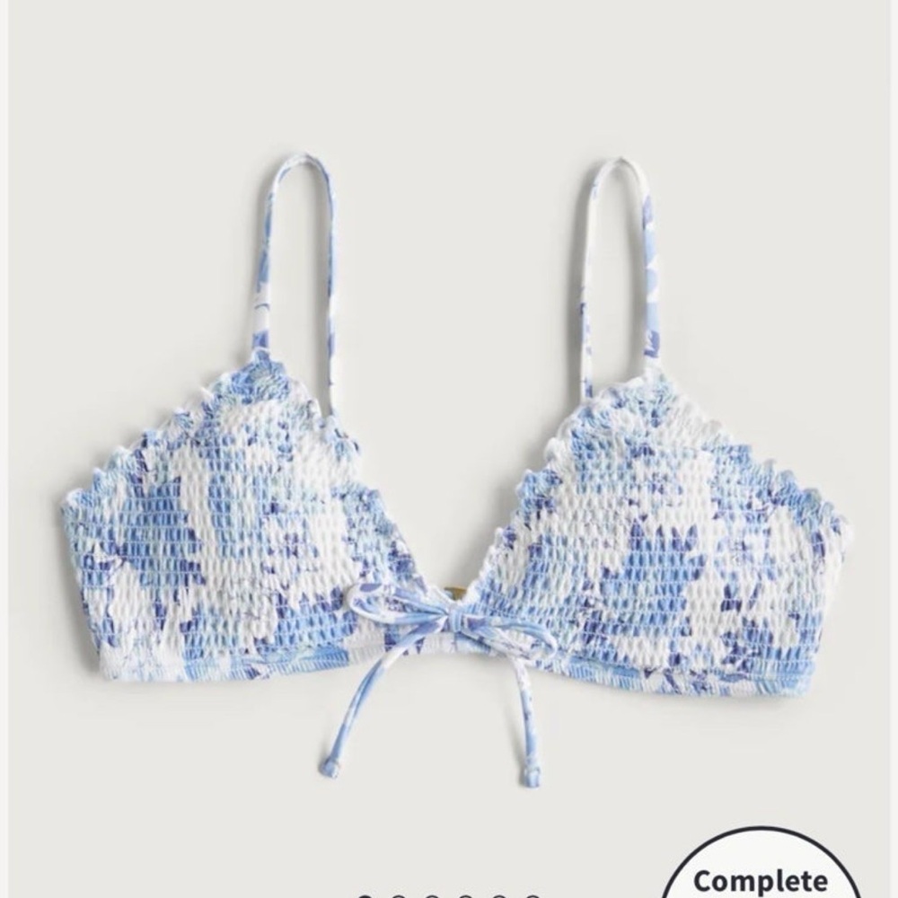 Hollister Blue and White Smocked Floral Bikini Top